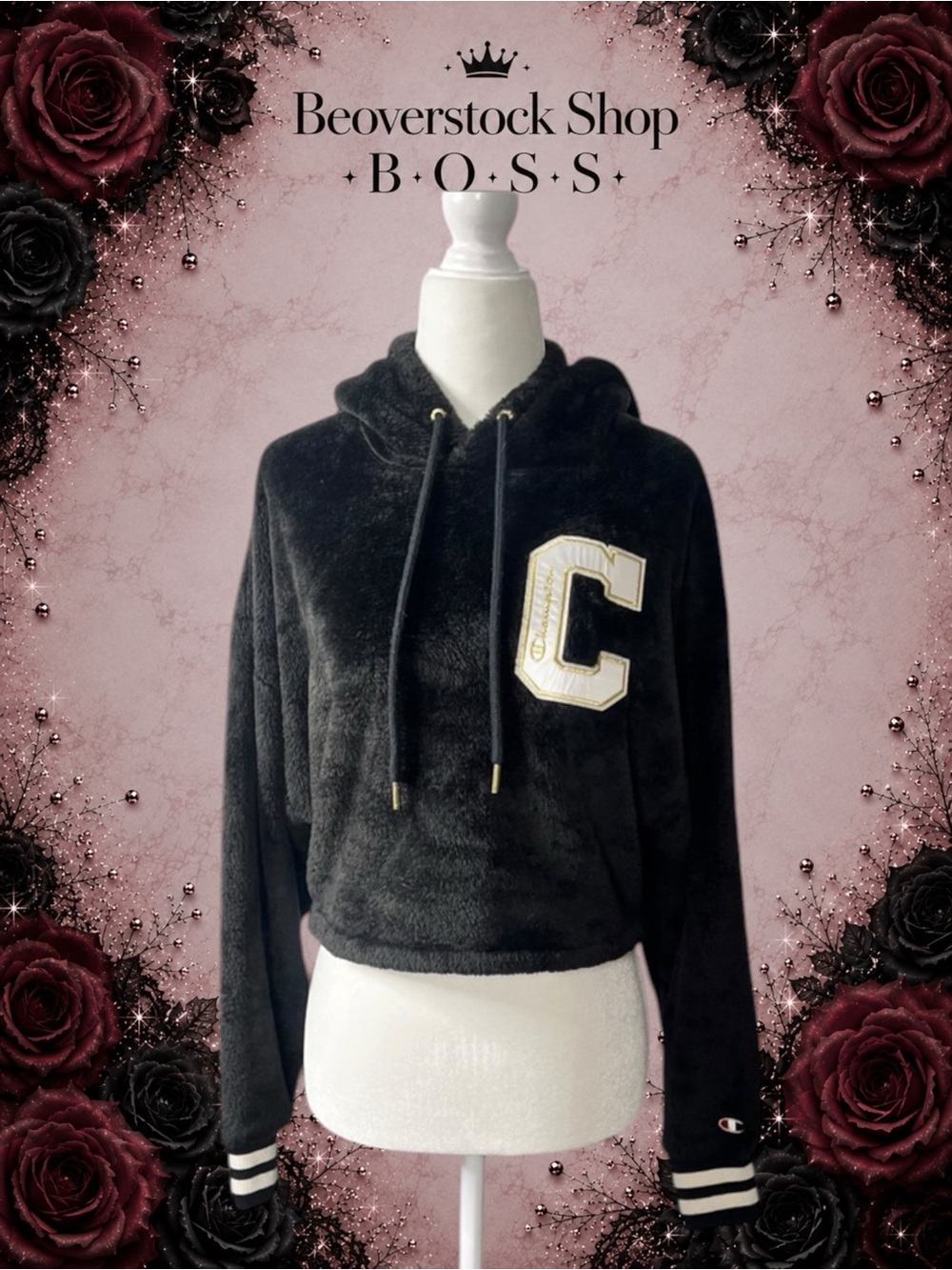 preowned Champion XS Small Black Sherpa Fleece Cropped Hoodie Pullover Logo